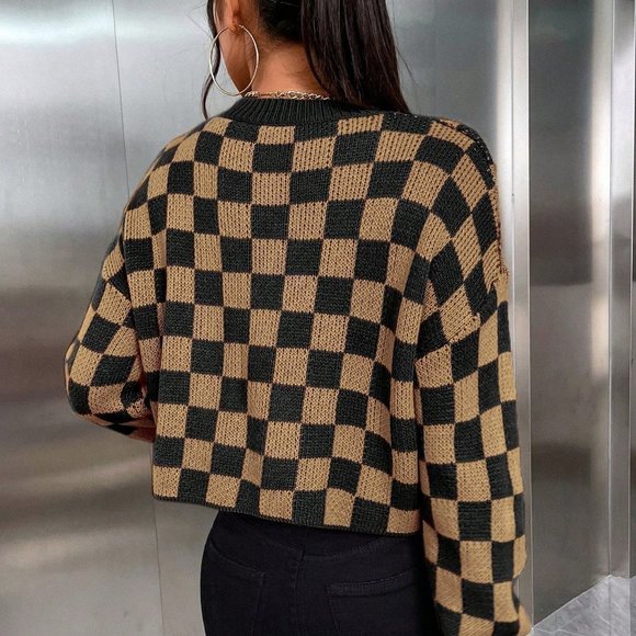 Brown Preppy womens Checkered Pattern Drop Shoulder Sweater - Picture 2 of 5